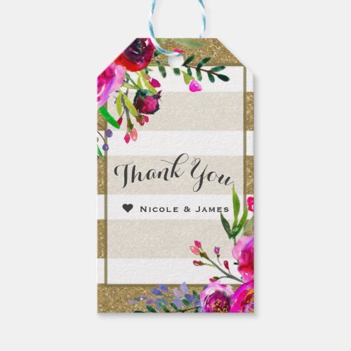 Gold White Stripes Bold Glam Floral Chic Favor Gift Tags
