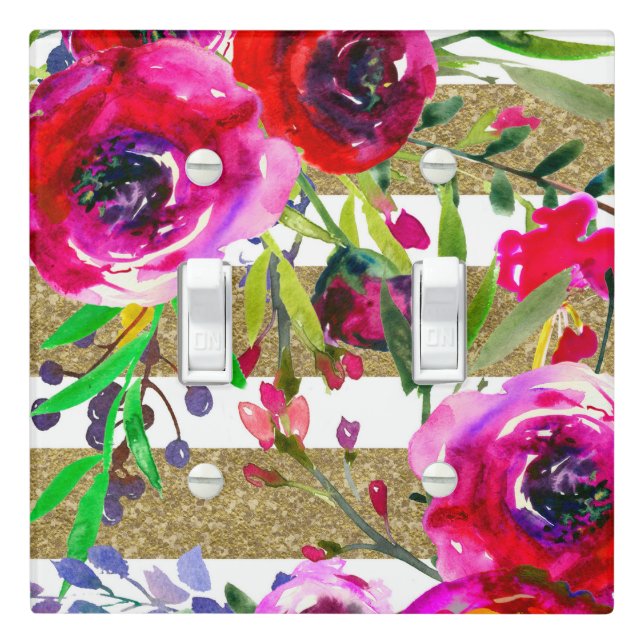Gold White Stripes Bold Glam Floral Glam Botanical Light Switch Cover (In Situ)