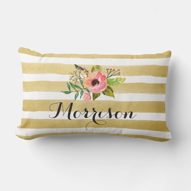 Gold White Stripes Chic Watercolor Flower Monogram Lumbar Pillow (Front)