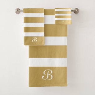 Gold & White Stripes Monogram Bath Towel Set