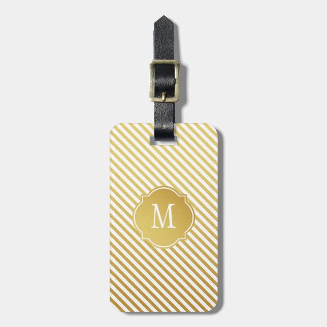 Gold & White Stripes Monogram Luggage Tag (Front Vertical)