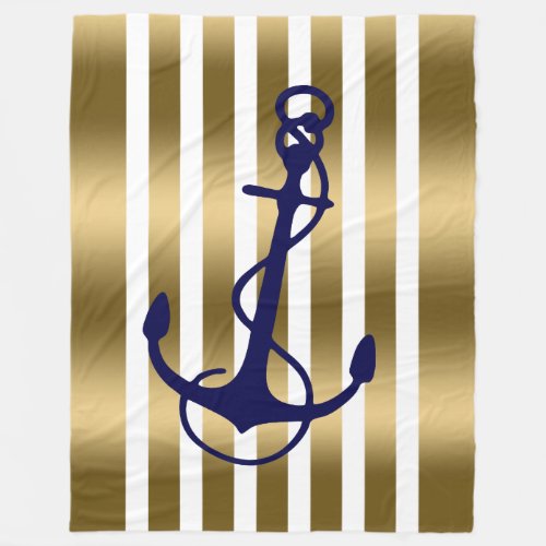 Gold  White Stripes Navy Blue Nautical Anchor Fleece Blanket