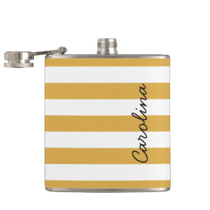 Gold White Stripes Pattern Black Custom Name Hip Flask