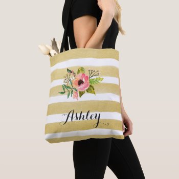 Gold White Stripes Watercolor Flower Monogram Tote Bag by UrHomeNeeds at Zazzle