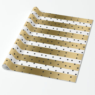 Gold & White Stripes With Black Polka Dots Wrapping Paper