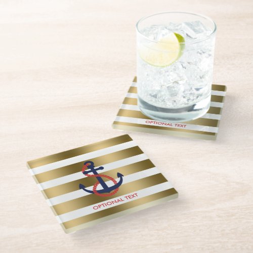 Gold  White Stripes With Blue Nautical Anchor Glass Coaster