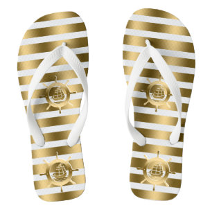 Gold & White Stripes With Nautical Boat Wheel Flip Flops