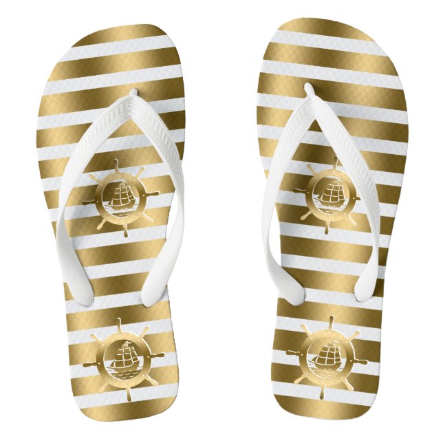 Gold & White Stripes With Nautical Boat Wheel Flip Flops (Footbed)