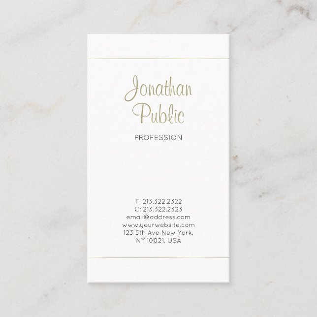 Gold White Stylish Modern Calligraphy Chic Plain Business Card (Front)