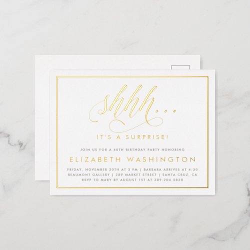 Gold  White Surprise Birthday Party Foil Invitation Postcard