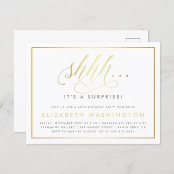 Gold & White Surprise Birthday Party Invitation Postcard by Eugene_Designs at Zazzle