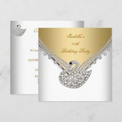 Gold White Swan Elegant Birthday Party 5.25x5.25 Square Paper Invitation Card