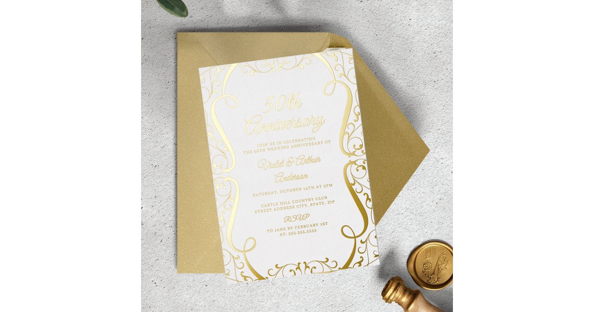 Gold White Swirl Elegant 50th Wedding Anniversary Foil Invitation | Zazzle