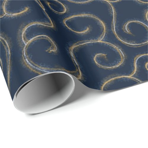 Gold  White Swirls on Navy Wrapping Paper