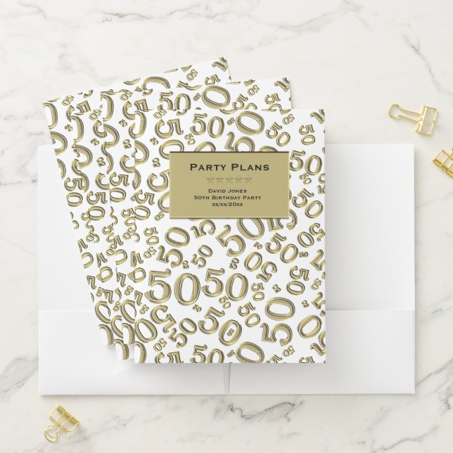 Gold/White Theme 50th Birthday Party Plans Pocket Folder (In Situ)