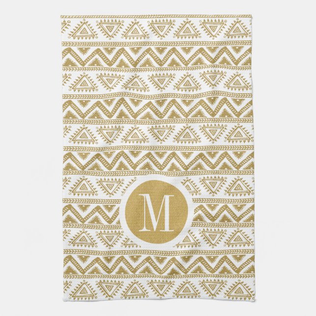 Gold & White Tribal Geometric Pattern Towel (Vertical)