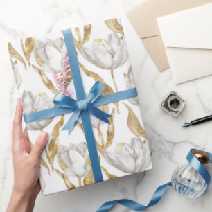 Gold White Tulip Flowers Bridal Shower Wrapping Paper