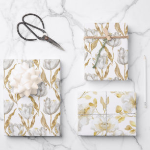 Gold White Tulip Flowers Bridal Shower Wrapping Paper Sheets