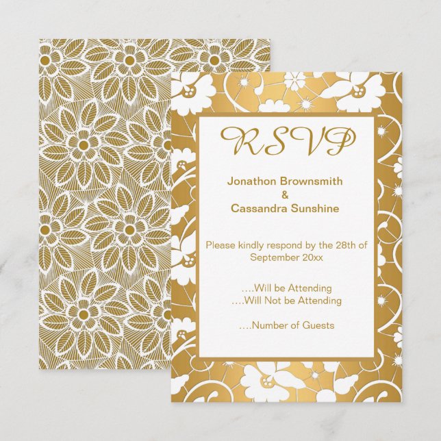 GOLD WHITE TWO LACE WEDDING RESPONSE RSVP INVITATION (Front/Back)