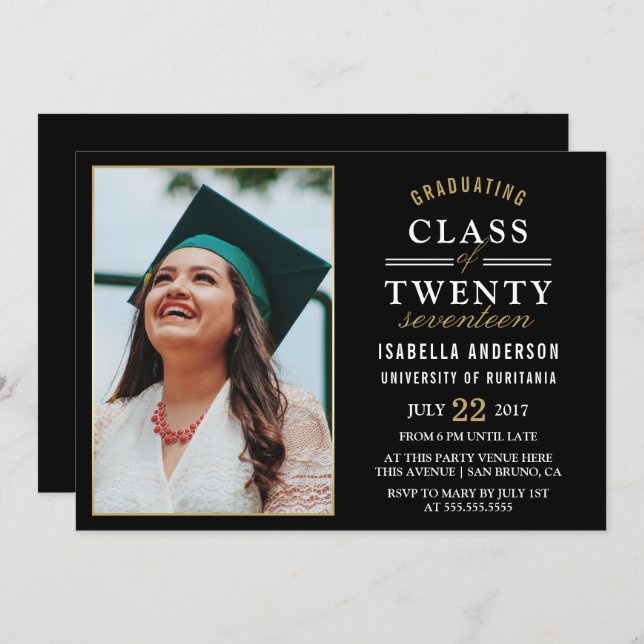 Gold & White Typography on Black | Graduate Photo Invitation (Front/Back)