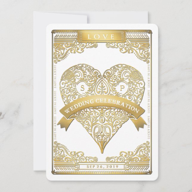 Gold White Vegas Playing Card Together With Invite (Front)
