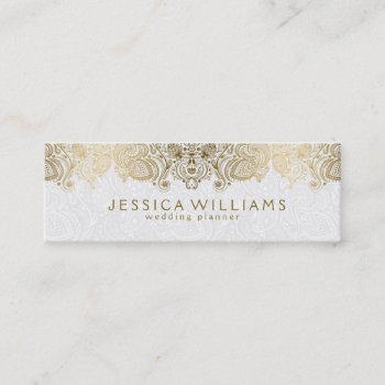Gold & White Vintage Paisley Lace Wedding Planner Mini Business Card by artOnWear at Zazzle