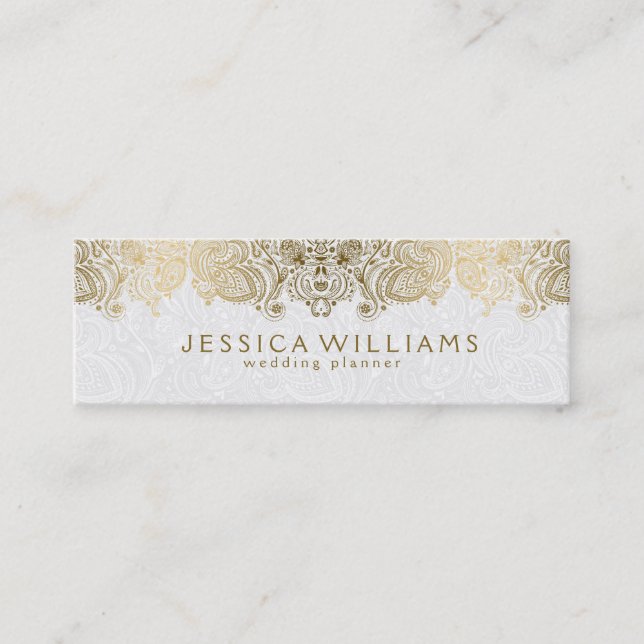 Gold & White Vintage Paisley Lace Wedding Planner Mini Business Card (Front)