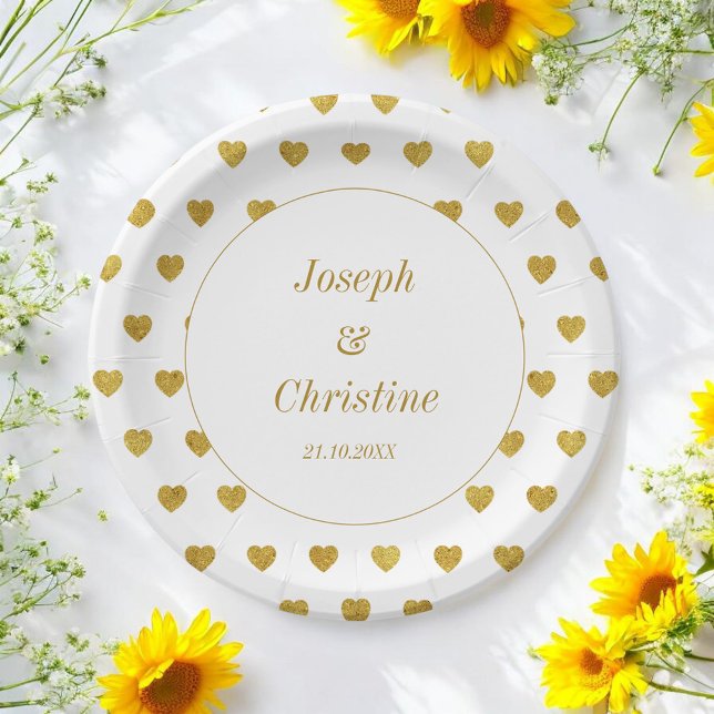 Gold White Wedding Hearts Pattern Paper Plate (Creator Uploaded)
