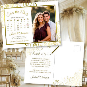 Gold & White Wedding Save the Date Calendar Photo Announcement Postcard