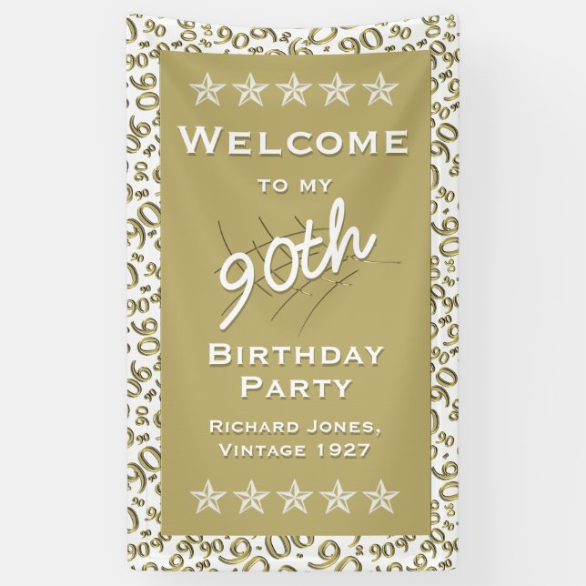 Gold/White Welcome 90th Birthday Party Banner (Vertical)