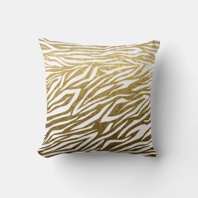 Gold, white zebra animal print throw pillow (Front)