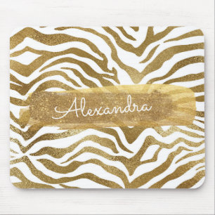 Gold & White Zebra Animal Print with Gold Glitter Mouse Pad