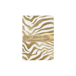 Gold & White Zebra Animal Print with Gold Glitter Passport Holder