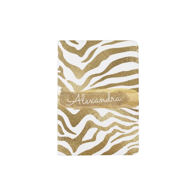 Gold & White Zebra Animal Print with Gold Glitter Passport Holder (Front)