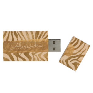 Gold & White Zebra Animal Print with Gold Glitter Wood USB Flash Drive