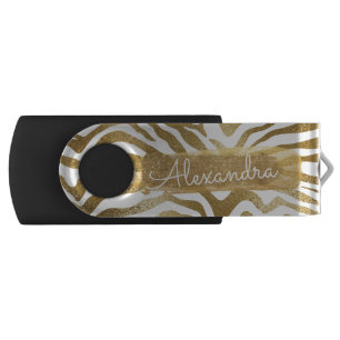 Gold & White Zebra Print with Gold Glitter Flash Drive