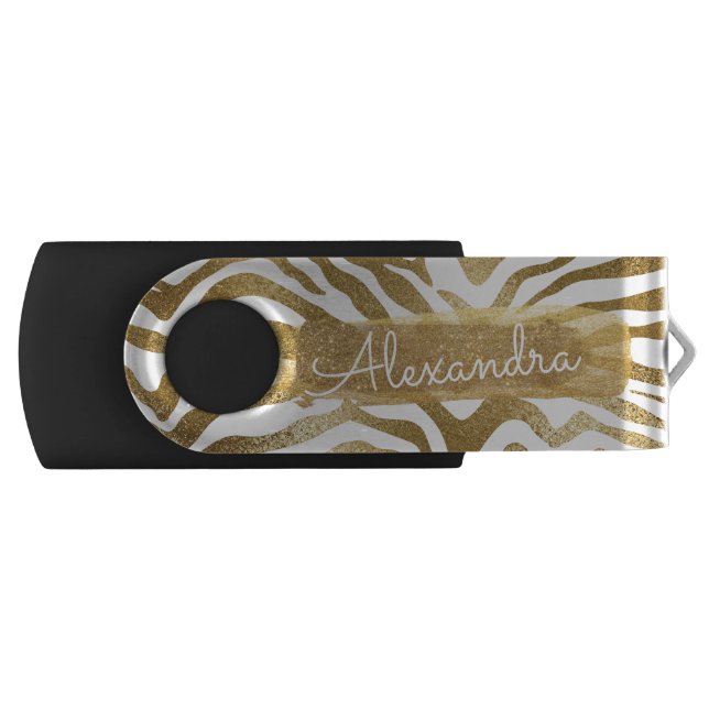 Gold & White Zebra Print with Gold Glitter Flash Drive (Front)