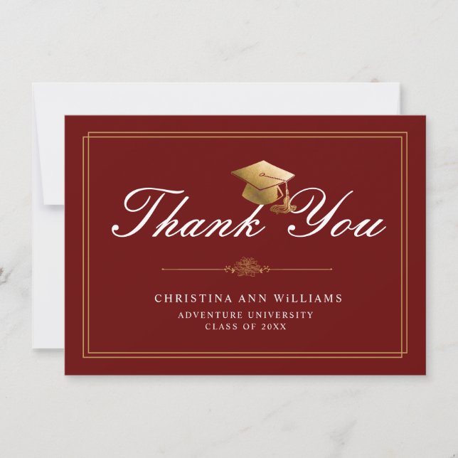 Gold  WhiteScript Grad Cap Red Graduation Thank You Card (Front)