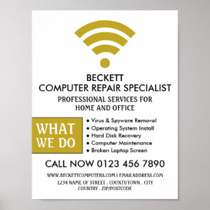 Gold Wi-Fi Logo, Computer Repair Specialist Advert Poster