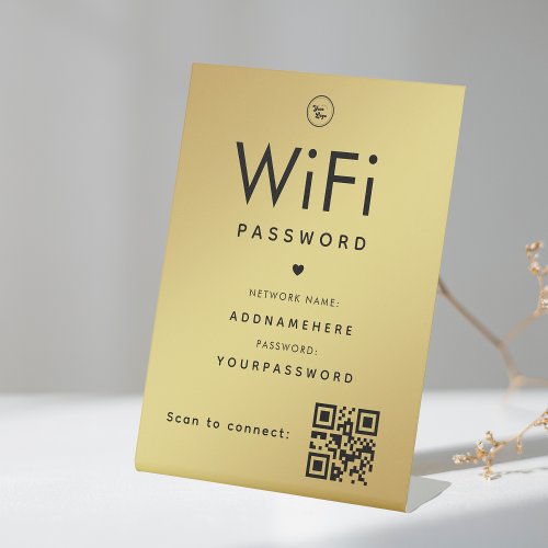 Gold WiFi Password Code Business Logo QR Code Pedestal Sign