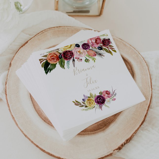 Gold Wild Feather Boho Tropical Floral Wedding  Napkins (Creator Uploaded)
