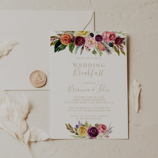 Gold Wild Feather Boho Tropical Wedding Breakfast  Invitation (Creator Uploaded)