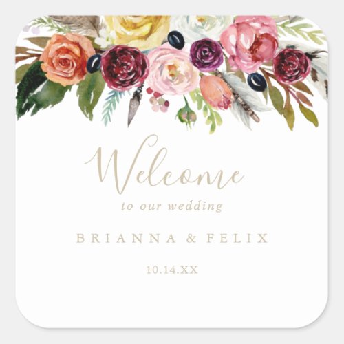 Gold Wild Feather Boho Tropical Wedding Welcome   Square Sticker