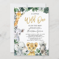 Gold Wild One Safari Jungle Animals Baby Shower Invitation