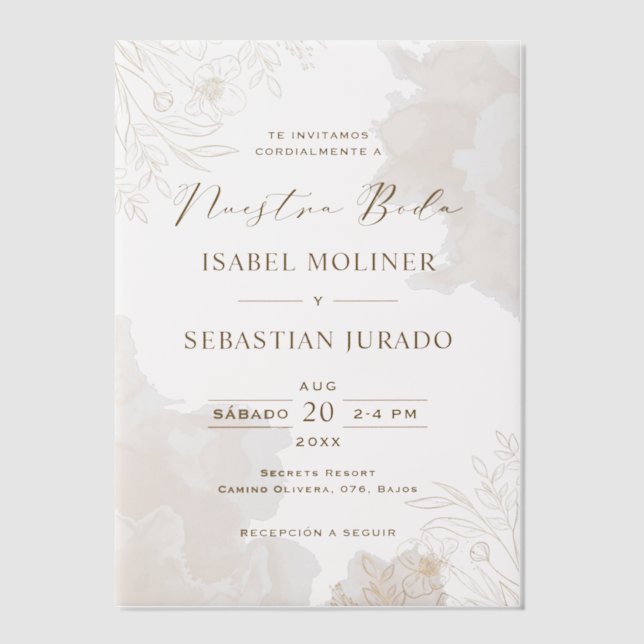 Gold Wildflower Nuestra Boda Spanish Wedding Vellum Invitations (Front)