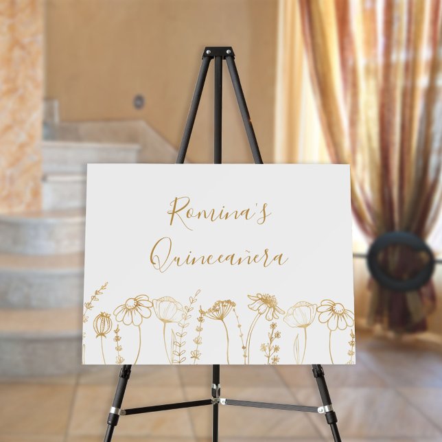 Gold Wildflower Sketch Elegant Script Easel Foam Board (Creator Uploaded)