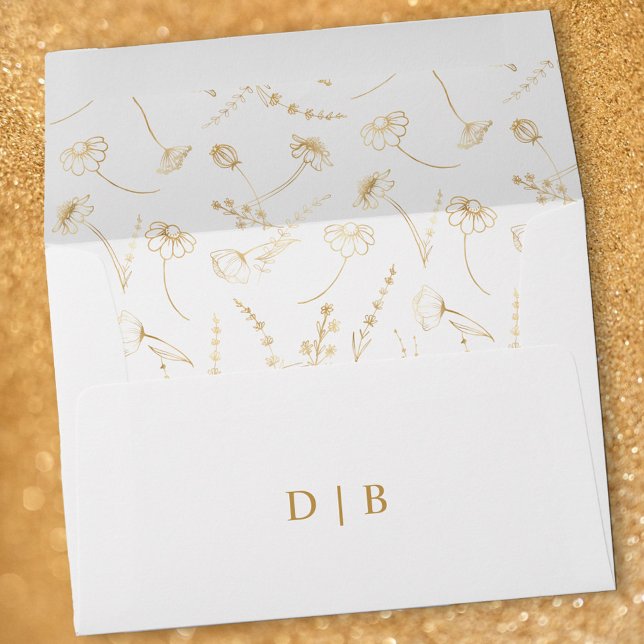 Gold Wildflower Sketch Floral Wedding Invitation Envelope (Monogrammed wedding envelope in White & Gold, from my Wildflower Sketch collection
)