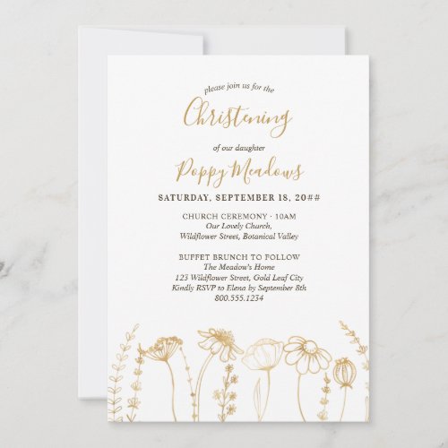 Gold Wildflower Sketch Simple Floral Christening Invitation