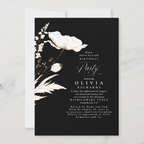 Gold Wildflowers Black and White Birthday Party Invitation