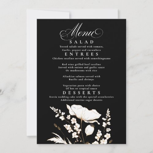 Gold Wildflowers Black and White Wedding Menu Invitation